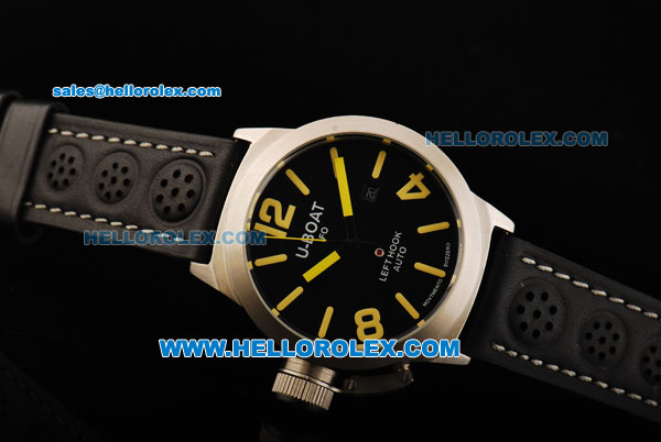 U-Boat Italo Fontana Left Hook Automatic Movement Steel Case Yellow Markers with Black Dial and Black Leather Strap - Click Image to Close